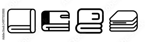 Minimalist folded blanket icons, black and white line art textile symbols, set of 4 vector illustrations of stacked towels and linens