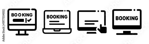 Online booking icons set, digital reservation symbols on computer and laptop screens, black linear vector illustrations for web and app design