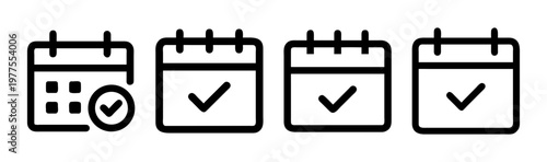 Minimalist calendar icon set with checkmarks, black line vector illustrations for scheduling and appointments, 4 planning symbols for business