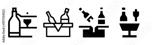 Wine and champagne bottle icons set, black minimalist beverage symbols for bar menus, alcohol service and celebration vector graphics