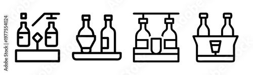 Minimalist alcohol bottle line icons, beverage packaging and bar service vector set, brewery production and wine cooler illustrations