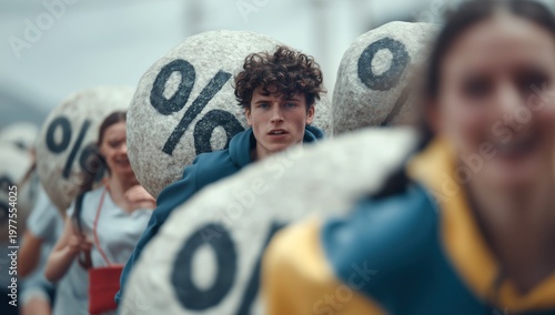 A cinematic concept of a young man carrying the heavy burden of a percentage symbol rock, symbolizing the stress and exhaustion caused by financial obligations.