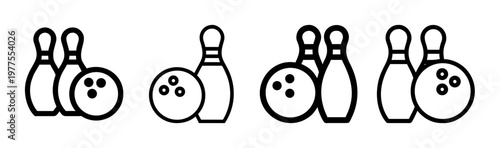 Bowling icons set with pins and balls, minimalist line art bowling equipment collection, black and white vector sport symbols for competition