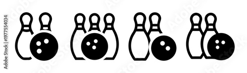 Bowling icon set with pins and ball, minimalist black line art sports symbols, professional bowling alley equipment vector illustrations