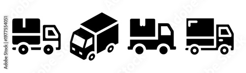 Delivery truck icon set, black shipping van vector symbols, logistics and transportation glyphs, 4 commercial freight vehicle elements