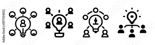 Business brainstorming icons set, creative idea generation symbols with lightbulbs and people, collaborative teamwork vector elements for project management