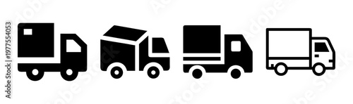 Delivery truck icon set, 4 shipping van vector elements, black and white logistics transport symbols for commercial distribution and freight services