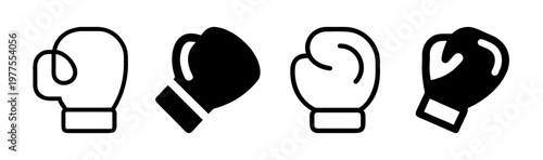 Boxing glove icon set, 4 vector sports equipment symbols, black and white martial arts gear illustrations, minimalist combat sports icons