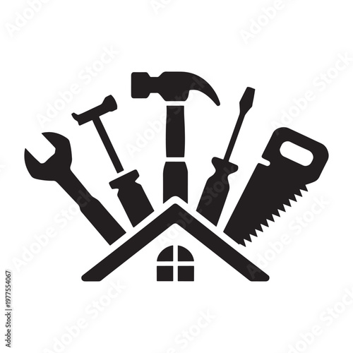 Assorted tools arranged in a crossed formation with a central cross emblem