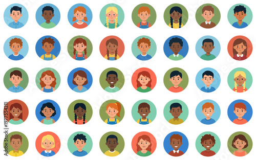 Diverse children avatar set featuring multiethnic boy and girl portraits | Round colorful character icons for school and educational profile illustrations