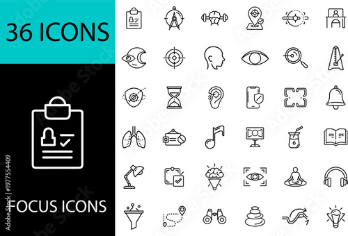 Focus line icons set of 36, editable stroke outline vector symbols for concentration, target, mindfulness, productivity, vision, mental health, deep work, and attention management