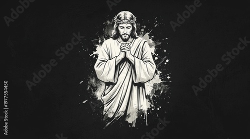 Christ in white robe in prayerful pose, monochrome vector illustration