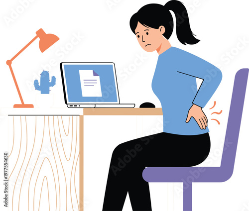 Woman suffering from back pain while working on laptop at desk representing poor posture ergonomics and office health issues illustration