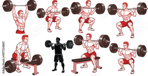 Weightlifting exercise variations set with barbell movements including squat press and bench workout demonstrating strength training techniques illustration