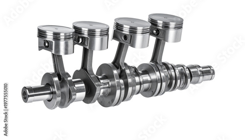 Internal combustion engine crankshaft with four pistons attached to connecting rods, showcasing precision engineering, metal components, the mechanical system, isolated on transparent PNG background.