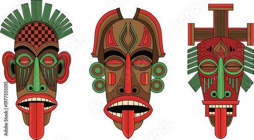 Set of Tribal Masks with Bold and Colorful Designs for Cultural, African, and Artistic IllustrationsSet of Tribal Masks with Bold and Colorful Designs for Cultural, African, and Artistic Illustrations