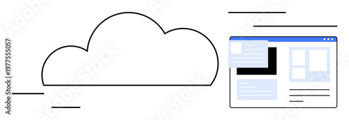 Cloud storage, data transfer, online resources, digital services, website hosting, remote access. Outline cloud icon with browser window. Cloud storage and data transfer concepts