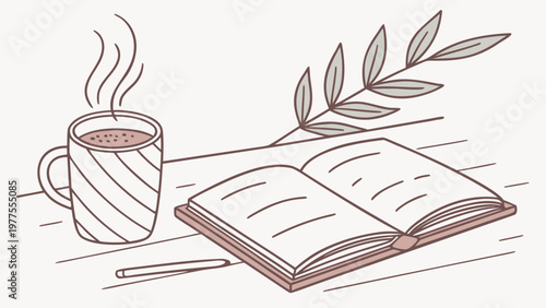 Cozy still life with steaming coffee cup open book and pen on table, minimalist line art illustration with calm reading atmosphere and simple composition