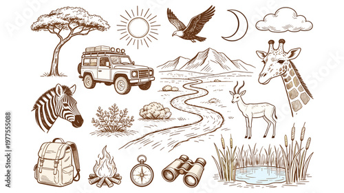 African safari adventure travel icons set with wildlife animals and camping gear.