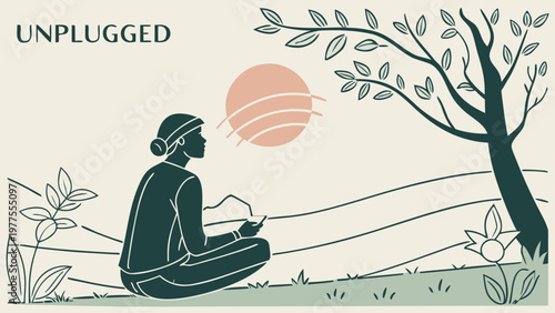 Peaceful unplugged lifestyle scene with person meditating outdoors under tree at sunset, minimalist line art illustration with calm nature atmosphere