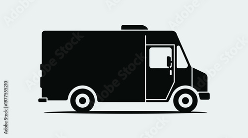 A minimalist black silhouette of a delivery van shown in side view.