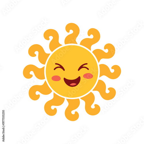 Vibrant sun character giggling with joy, featuring decorative swirly rays and blushing cheeks. Perfect for lively summer branding, greeting cards, and youth apparel.