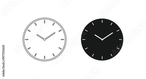 Two wall clocks displaying different times one in negative space silhouette