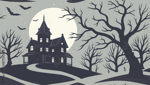 Halloween haunted house, spooky mansion, creepy landscape, black silhouette