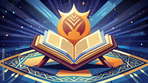 Islamic book, holy quran, open book, prayer rug, crescent moon symbol