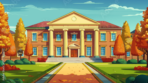 Cartoon university building, educational architecture, school campus, autumn landscape