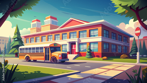 School building, educational architecture, vector illustration, cartoon style, school bus