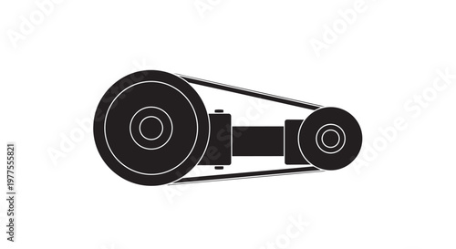 Industrial pulley system, mechanical belt drive, black vector icon, machinery component