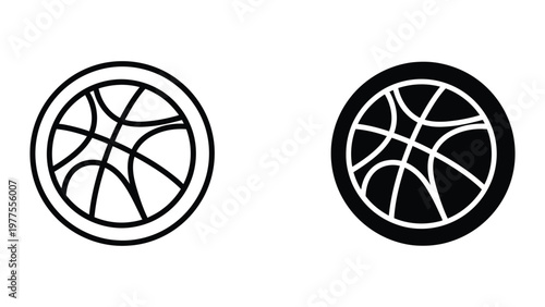 Two contrasting circular basketball designs with thick outlines and internal lines