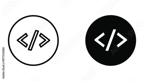 Contrasting code symbols on white and black circular backgrounds
