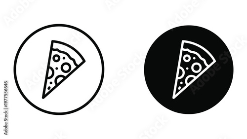 Contrasting pizza slice icons on white and black circular backgrounds