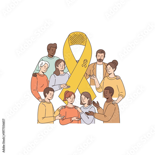 A diverse group of people stand together in support behind a large yellow ribbon, symbolizing solidarity and awareness.