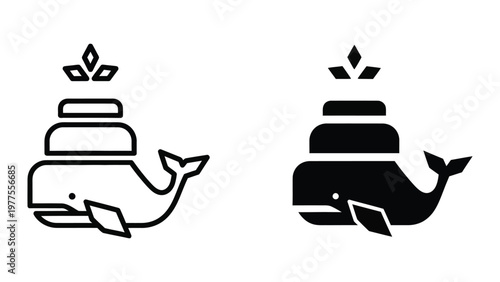 Contrasting whale logos with barrel and crown motifs in black and white line art styles