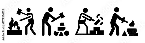 Black blacksmith icons set, blacksmithing process pictograms, metal worker forging steel with hammer and anvil, industrial craft symbols