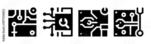 Circuit board repair icons set, electronic hardware maintenance symbols, 4 black vector technical service elements for computer engineering