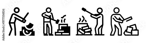 Black line icons of construction workers, manual labor stick figures building brick walls and masonry, industrial worker vector set