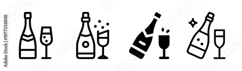 Champagne bottle and glass icons, sparkling wine celebration symbols, set of 4 minimalist line art vectors for party and wedding events
