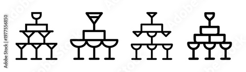 Minimalist champagne tower icons, set of 4 linear cocktail glass pyramid vectors, black outline party drink symbols for wedding and celebration