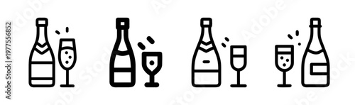 Minimalist champagne bottle and glass icons set, black line art sparkling wine vector collection, celebratory drink symbols for events