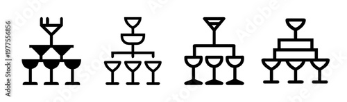 Minimalist champagne tower icons set, black line art champagne glass pyramid collection, elegant celebration drink symbols for wedding and luxury events
