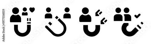 Customer retention and lead generation icon set, 4 black vector icons for marketing strategy, client acquisition and user engagement symbols