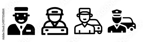 Professional chauffeur and driver icon set, black vector silhouettes of delivery man and valet staff, transportation service person icons