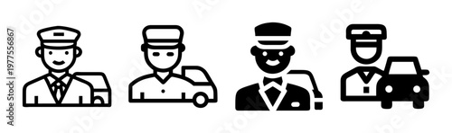 Professional chauffeur icon set, private driver in uniform with luxury car, valet service and transportation staff symbols in vector format