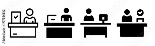 Reception desk icon set, office worker at counter vector elements, customer service desk silhouettes, 4 professional reception icons
