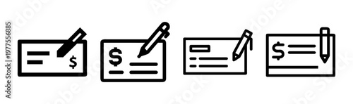 Tableau sur toile Bank check icon set with pen, financial payment document symbols, 4 vector line