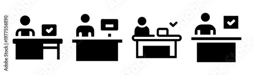 Minimalist reception desk icons set, professional office counter with staff and checkmark symbols, black silhouette workspace vector collection